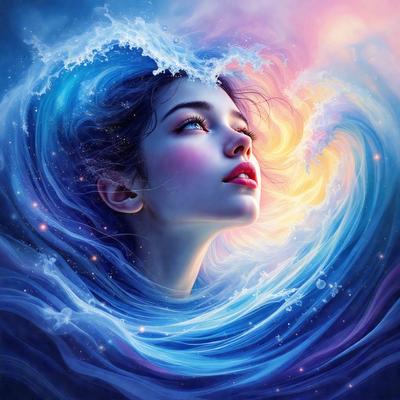 The primary subject of the image is a woman with long hair, who is looking upward. She is surrounded by a blue and purple ocean, which creates a serene and calming atmosphere. The visual style of the image is digital art, as it is a painting of a woman in a blue and purple ocean. The colors and mood of the image are predominantly blue and purple, which are associated with tranquility and relaxation.
